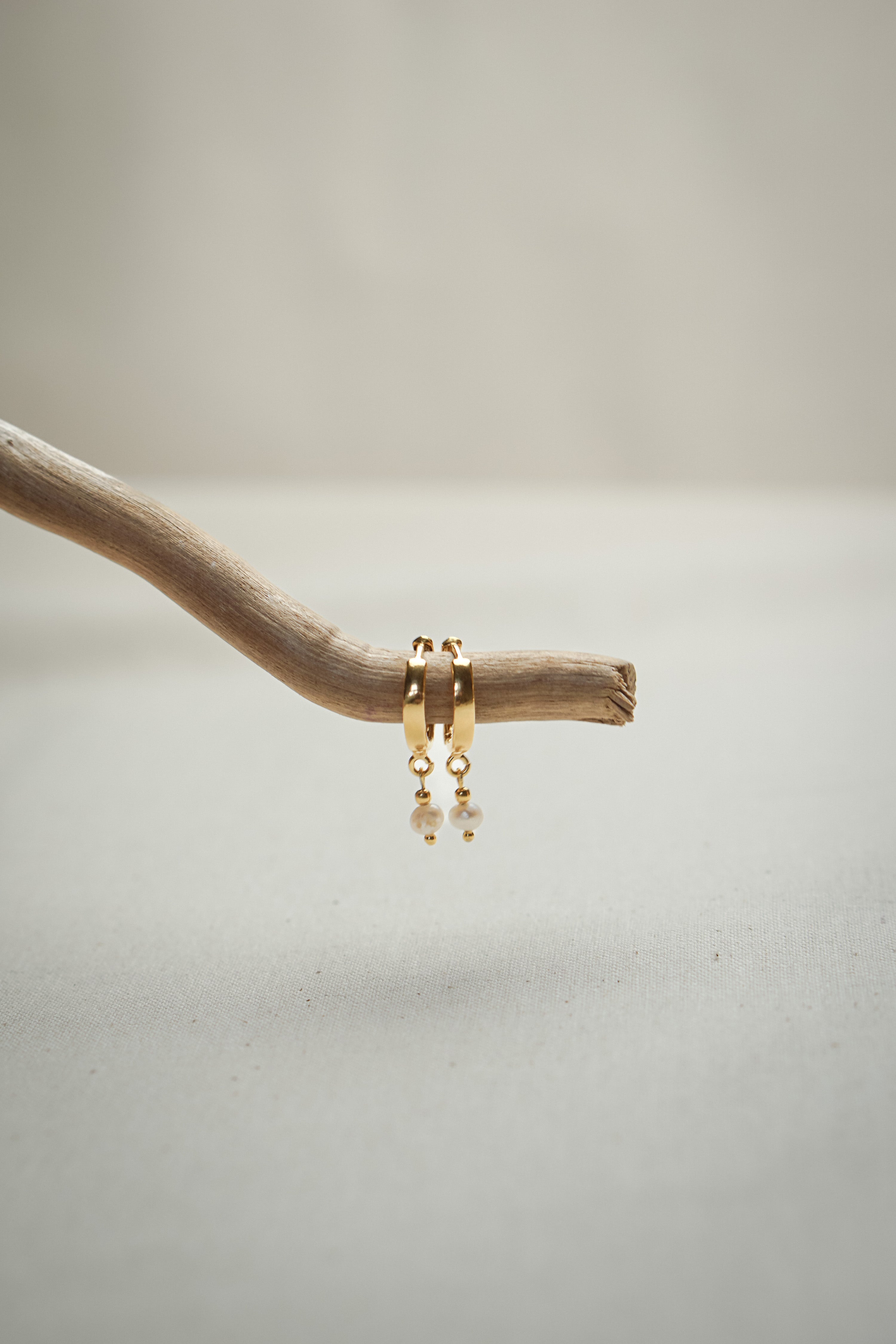 Creolen Ohrringe mit Perle SOUL OF THE SEA hängend auf Treibholz in gold