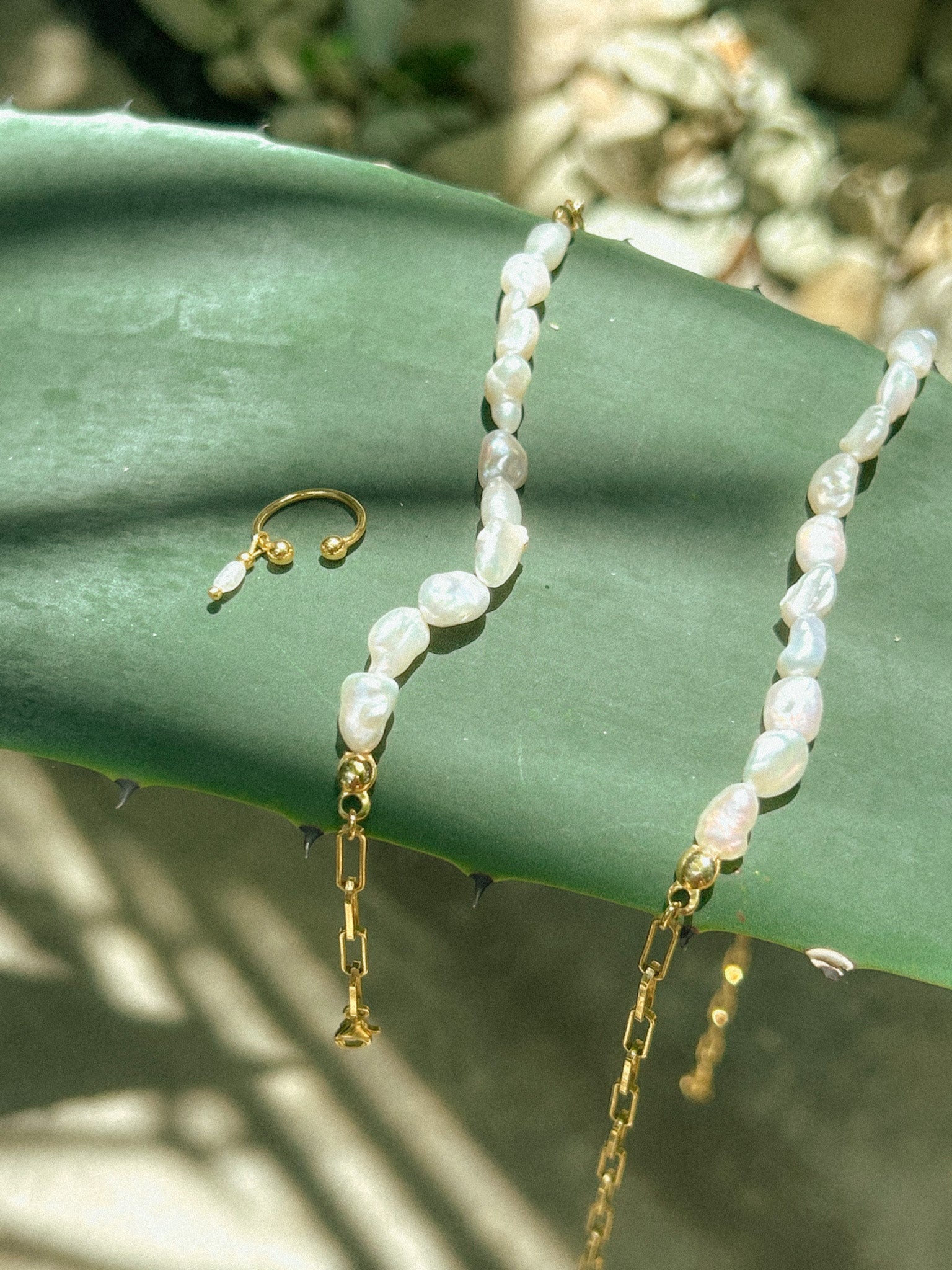 Earcuff BASIC SEA in gold mit Süßwasserperle liegend auf einer tropischen Pflanze